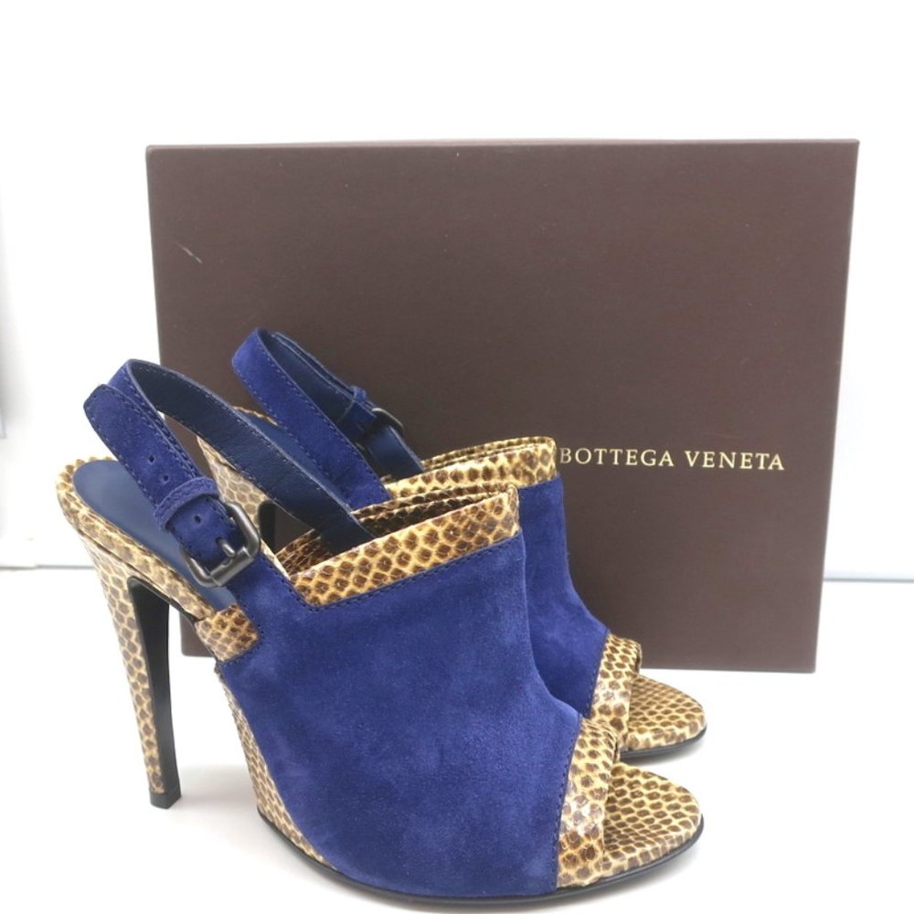 BOTTEGA VENETA SLINGBACK SANDALS NAVY SUEDE AND NATURAL SNAKESKIN SIZE 39 NEW - Picture 1 of 11